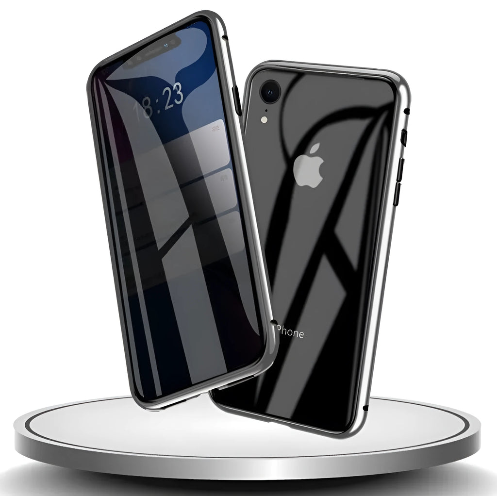 Anti-spy privacy phone case in black with a glass screen guard, shown next to an iPhone.