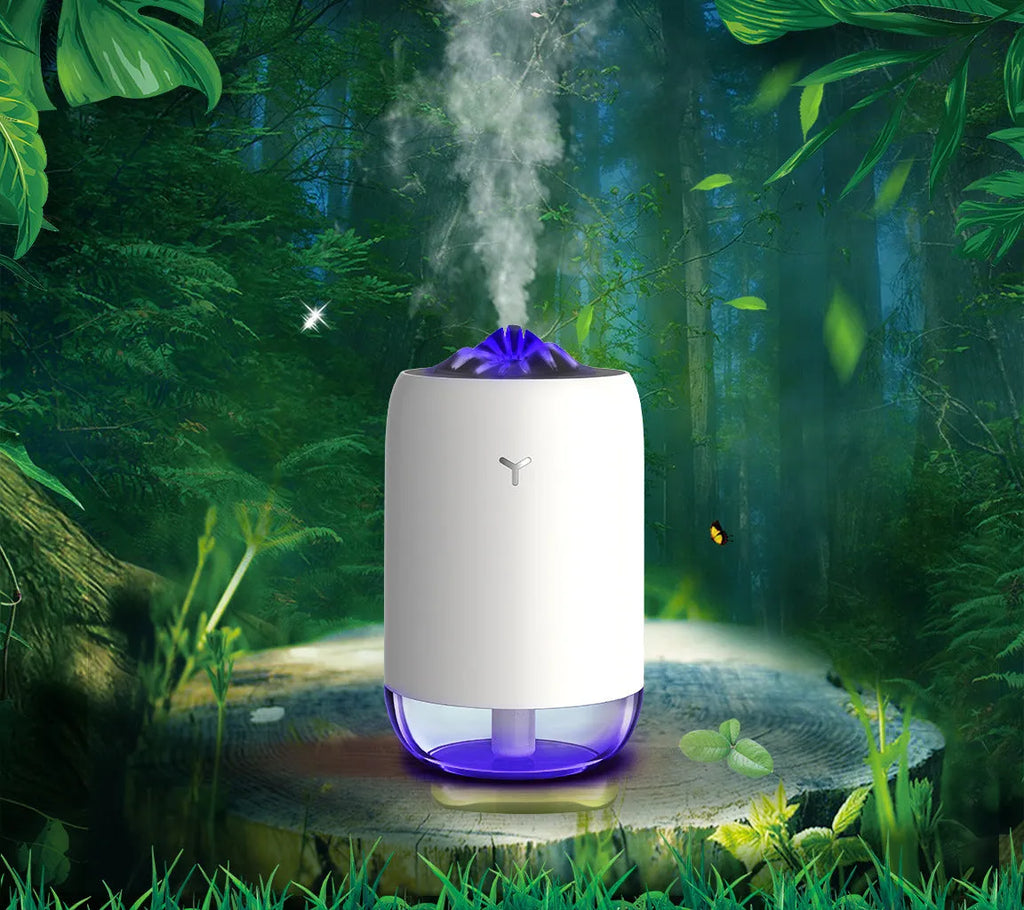 Magic Flame ultrasonic humidifier and aroma diffuser in white, light blue or pink column design.