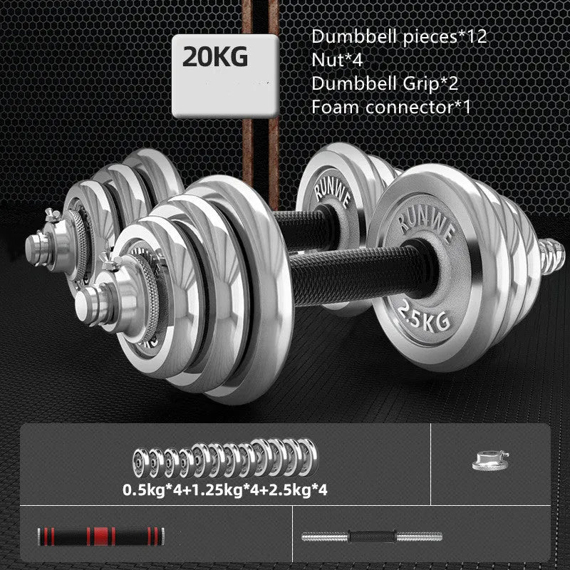 Men's home electroplating pure iron barbell set on floor, galvanised cast iron with hex nuts, black protective cover