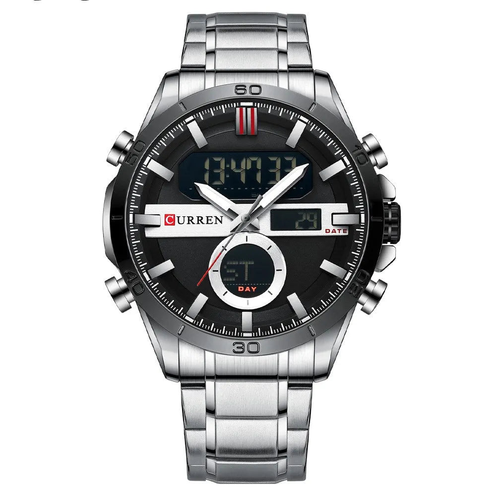 Men's waterproof round watch with alloy strap and case, available in five colours.