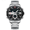 Men's waterproof round watch with alloy strap and case, available in five colours.