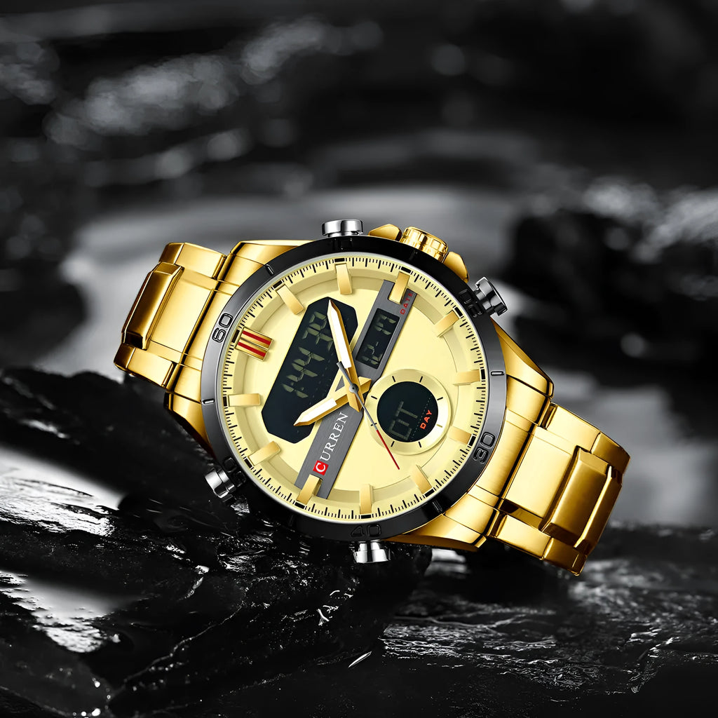 Men's waterproof round watch with alloy strap and case, available in five colours.