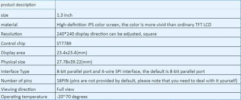 1.3 inch IPS LCD display module with 240x240 square resolution and 18-pin connector