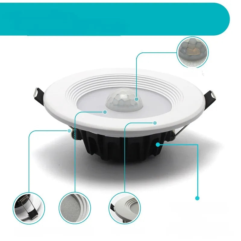 Infrared body sensing LED down light with motion detection for automatic lighting in indoor spaces