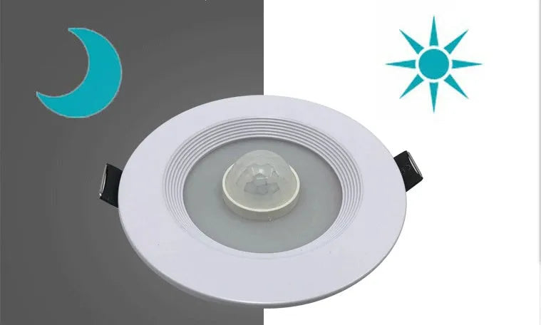 Infrared body sensing LED down light with motion detection for automatic lighting in indoor spaces