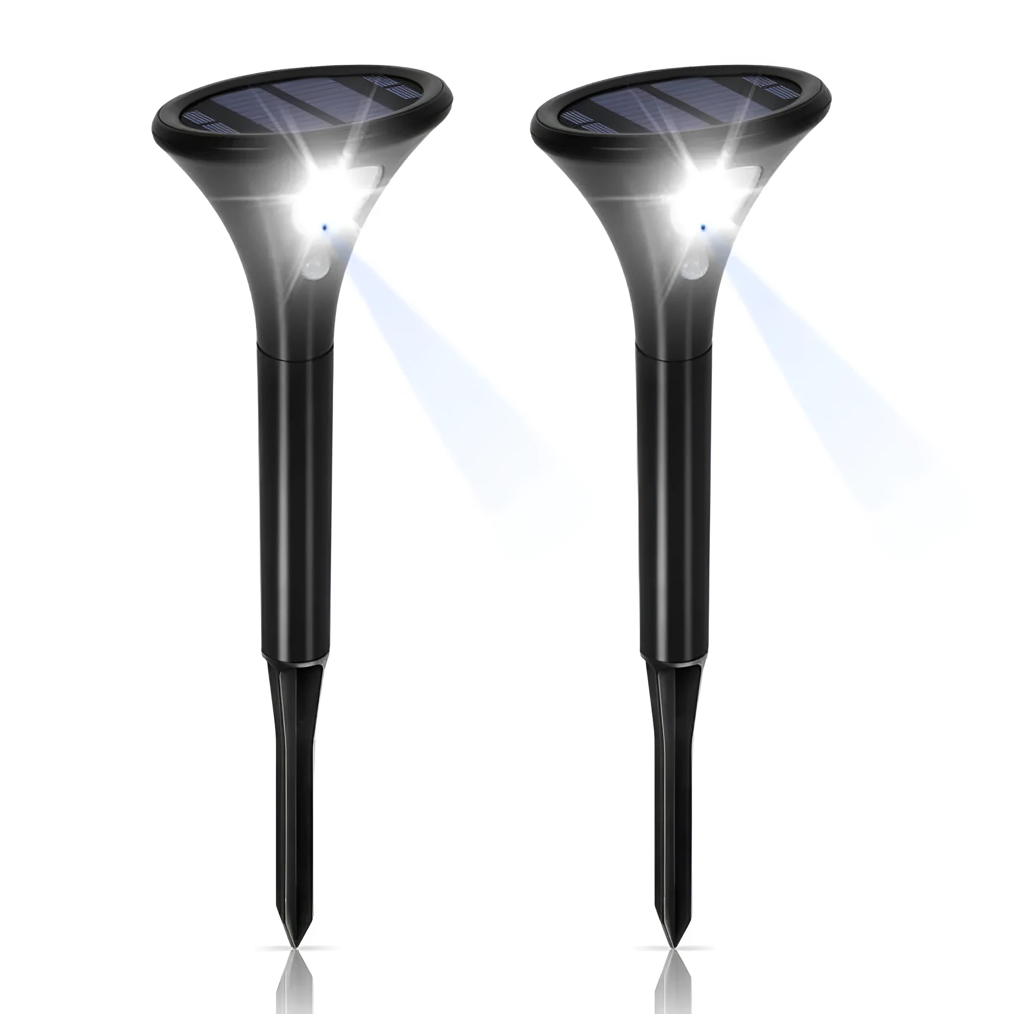 Solar-powered ground spike garden light with lamp pole on green lawn