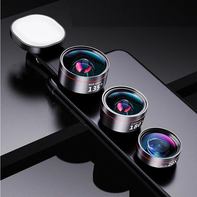 Universal smartphone camera attachment with LED fill light and wide angle, macro, and fish eye lenses