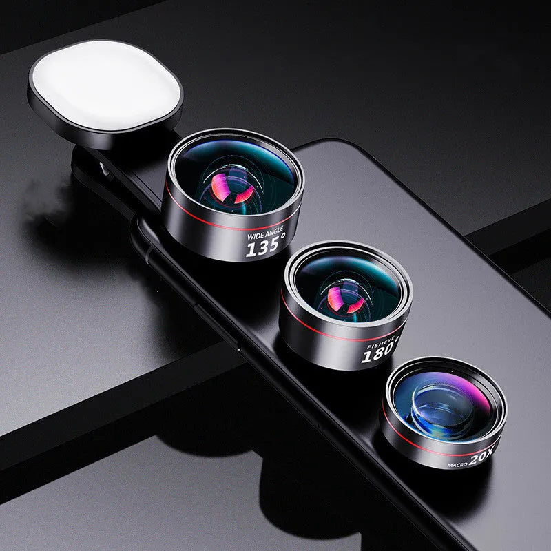 Universal smartphone camera attachment with LED fill light and wide angle, macro, and fish eye lenses