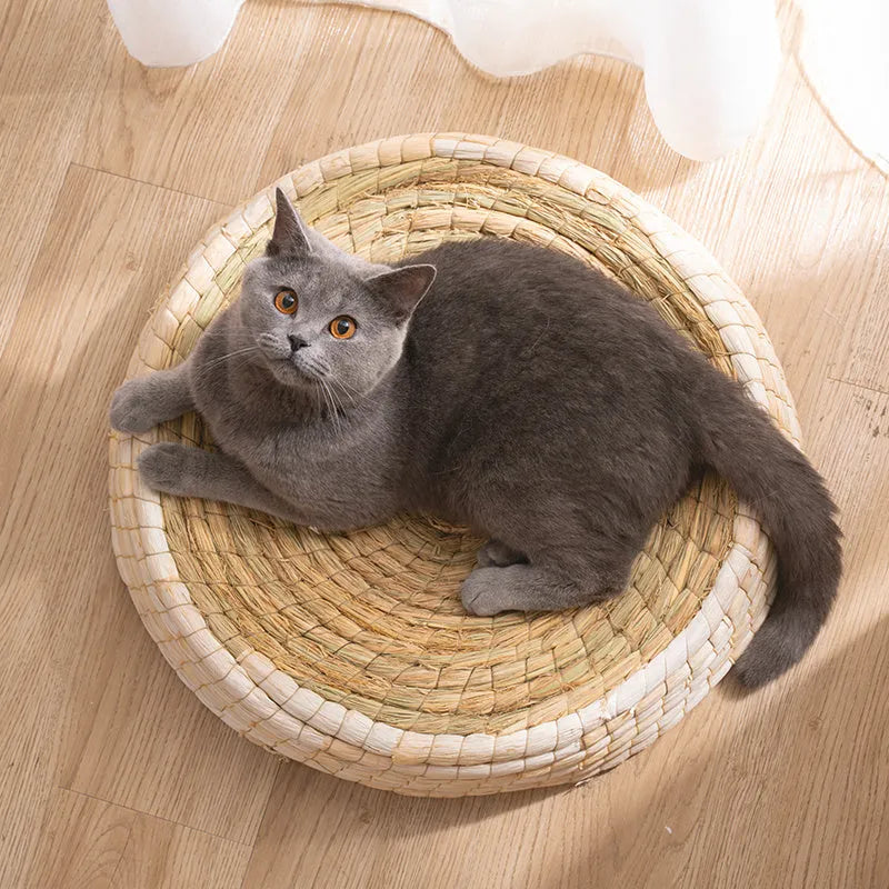 Straw and corn husk cat bed with 35cm caliber, wok-style felt house shape for indoor cats