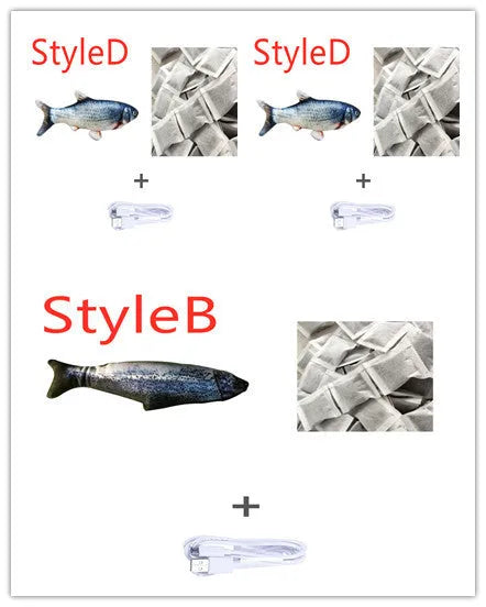 Electric jumping fish cat toy 30cm long with USB cable, multicolour options including carp and clownfish designs