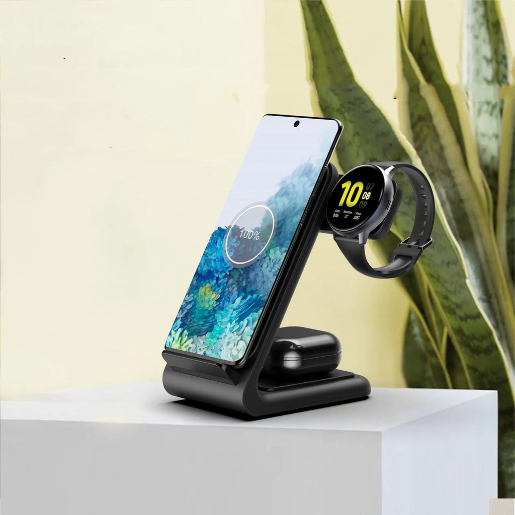 Three-in-one wireless fast charging bracket for iPhone, Apple Watch, and Samsung Galaxy Watch on desk