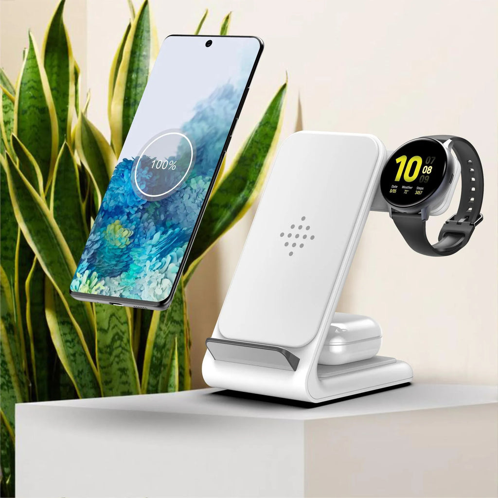 Three-in-one wireless fast charging bracket for iPhone, Apple Watch, and Samsung Galaxy Watch on desk