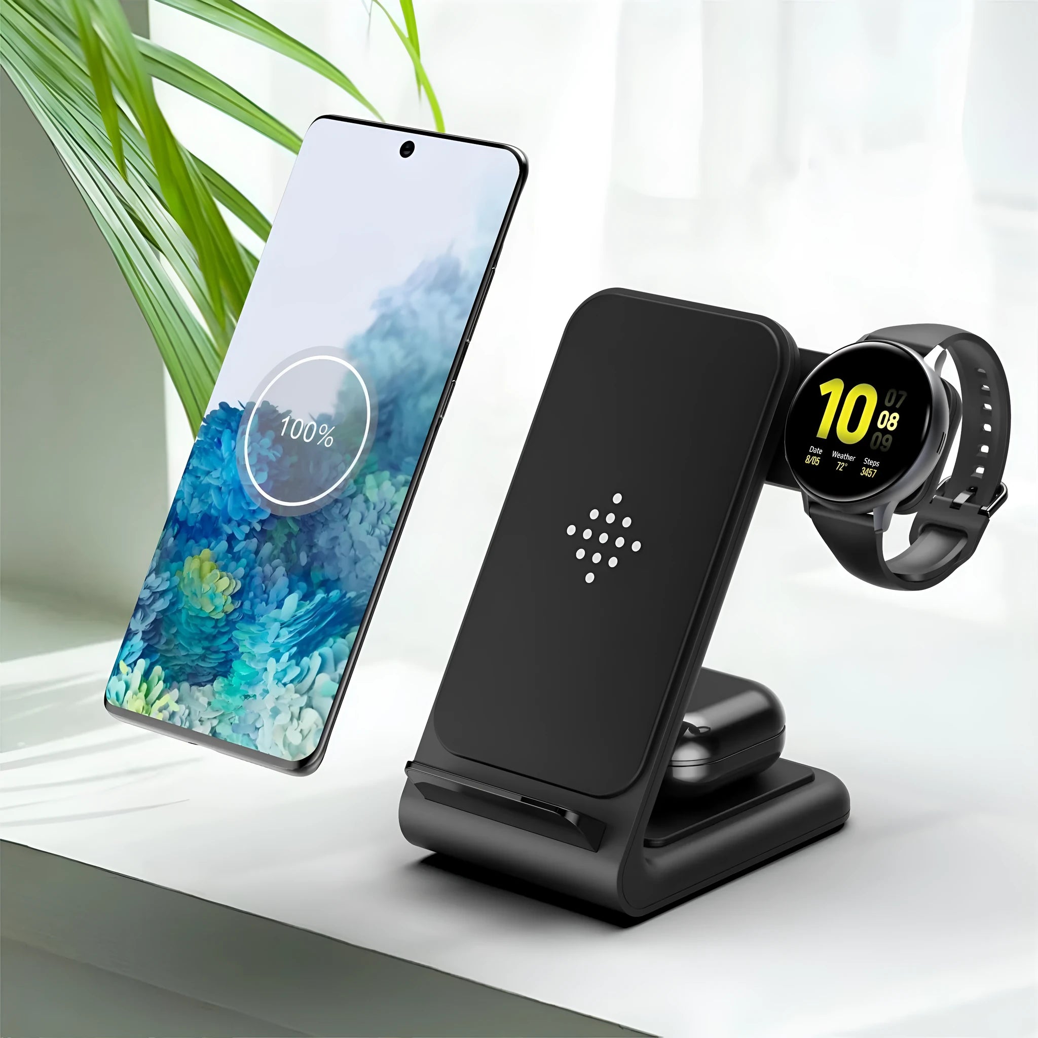 Three-in-one wireless fast charging bracket for iPhone, Apple Watch, and Samsung Galaxy Watch on desk