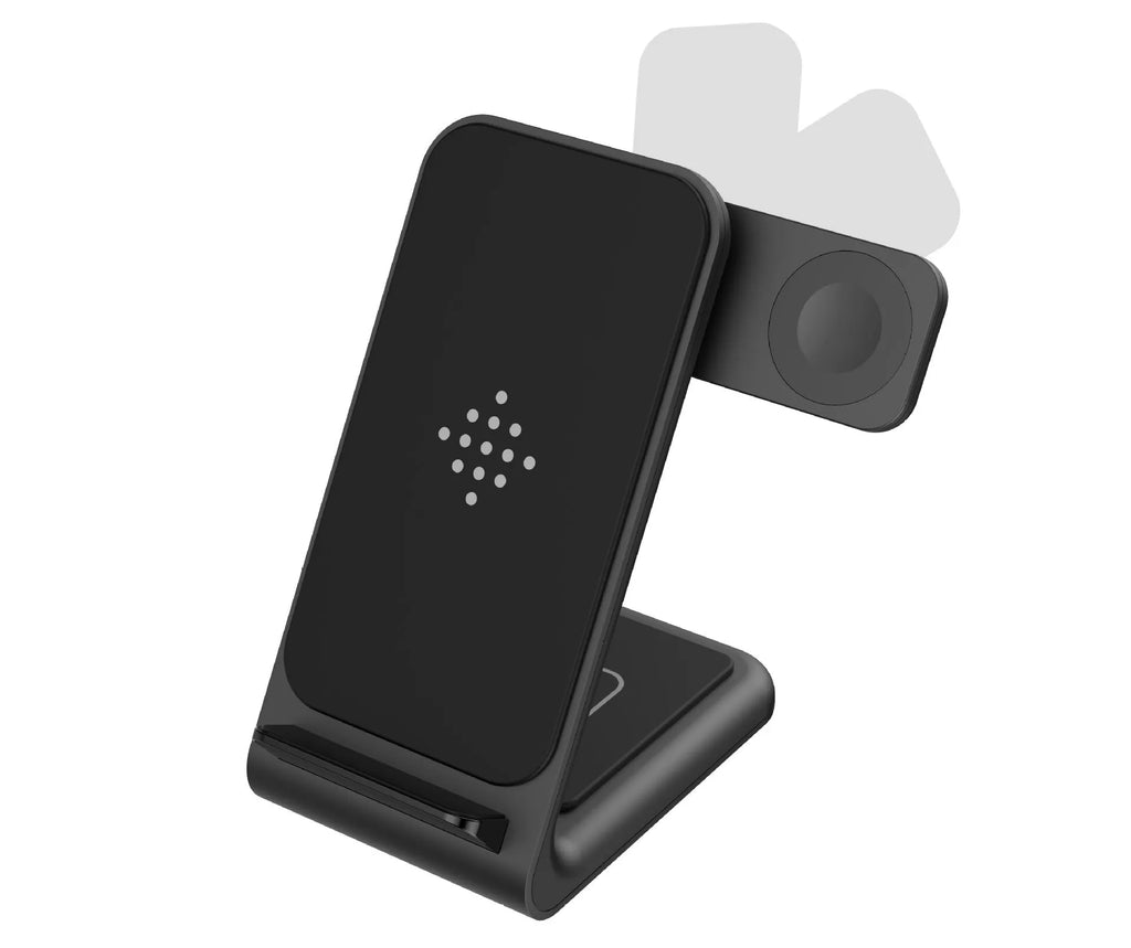 Three-in-one wireless fast charging bracket for iPhone, Apple Watch, and Samsung Galaxy Watch on desk