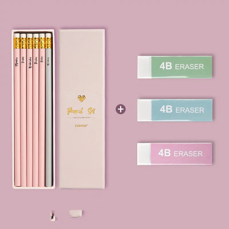 Mixed colour HB pencil pack with purple glitter and pale pink pencils in display box