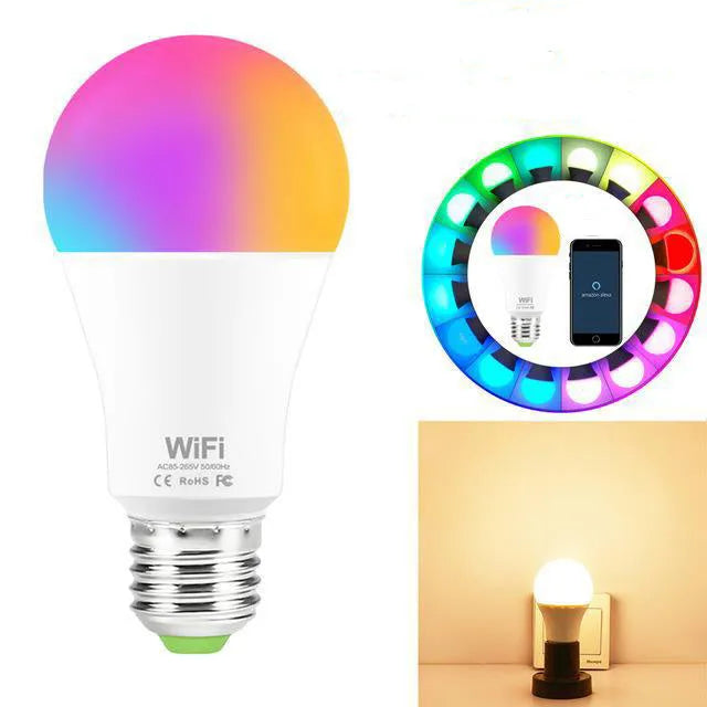 WiFi smart LED light bulb with E27 and B22 fittings for colour changing and white light control.