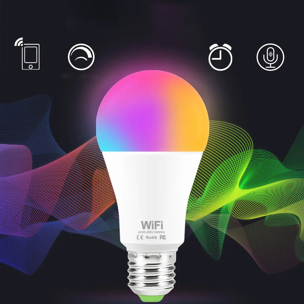 WiFi smart LED light bulb with E27 and B22 fittings for colour changing and white light control.