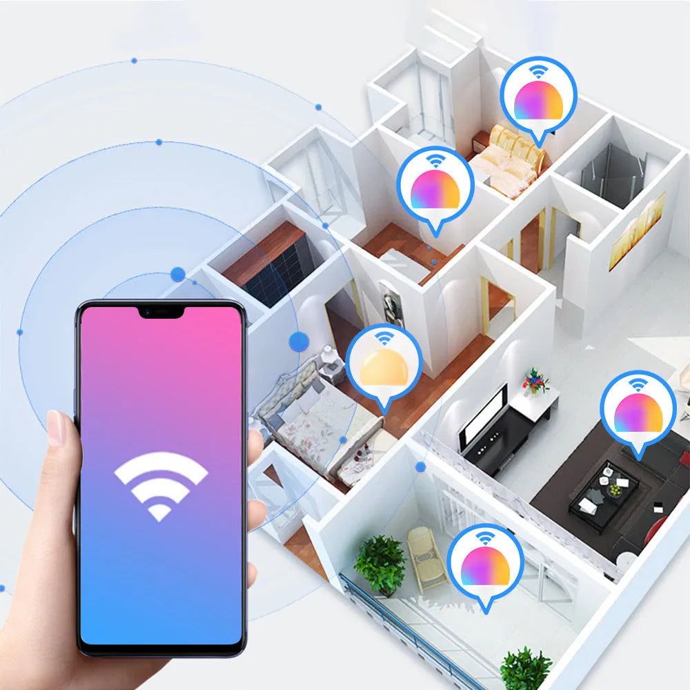 WiFi smart LED light bulb with E27 and B22 fittings for colour changing and white light control.