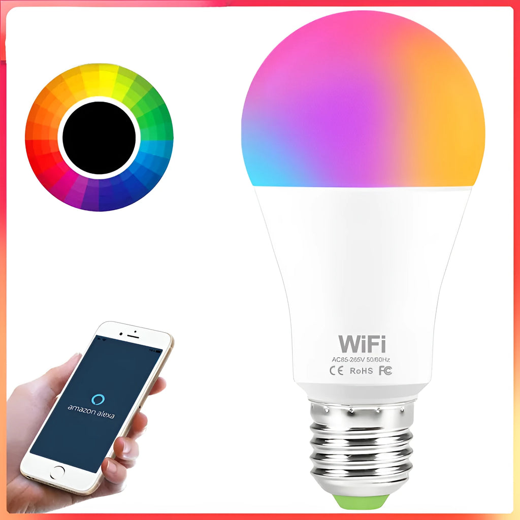 WiFi smart LED light bulb with E27 and B22 fittings for colour changing and white light control.
