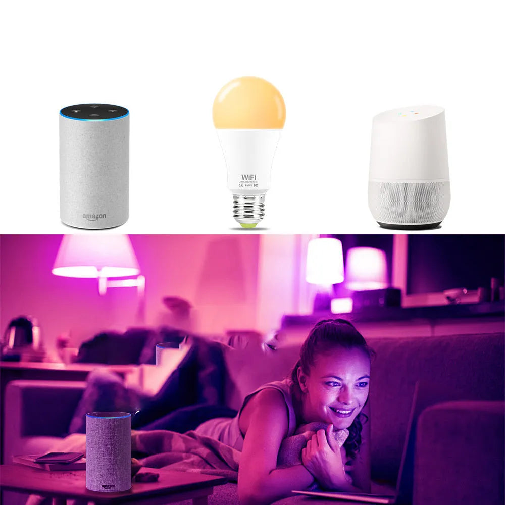 WiFi smart LED light bulb with E27 and B22 fittings for colour changing and white light control.