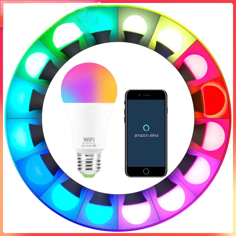 WiFi smart LED light bulb with E27 and B22 fittings for colour changing and white light control.
