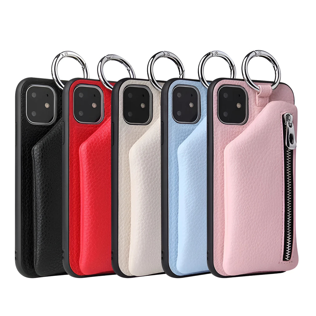 PU leather phone case with coin purse and lanyard in solid colour for iPhone Samsung Huawei