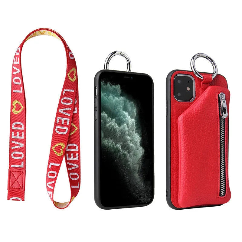 PU leather phone case with coin purse and lanyard in solid colour for iPhone Samsung Huawei
