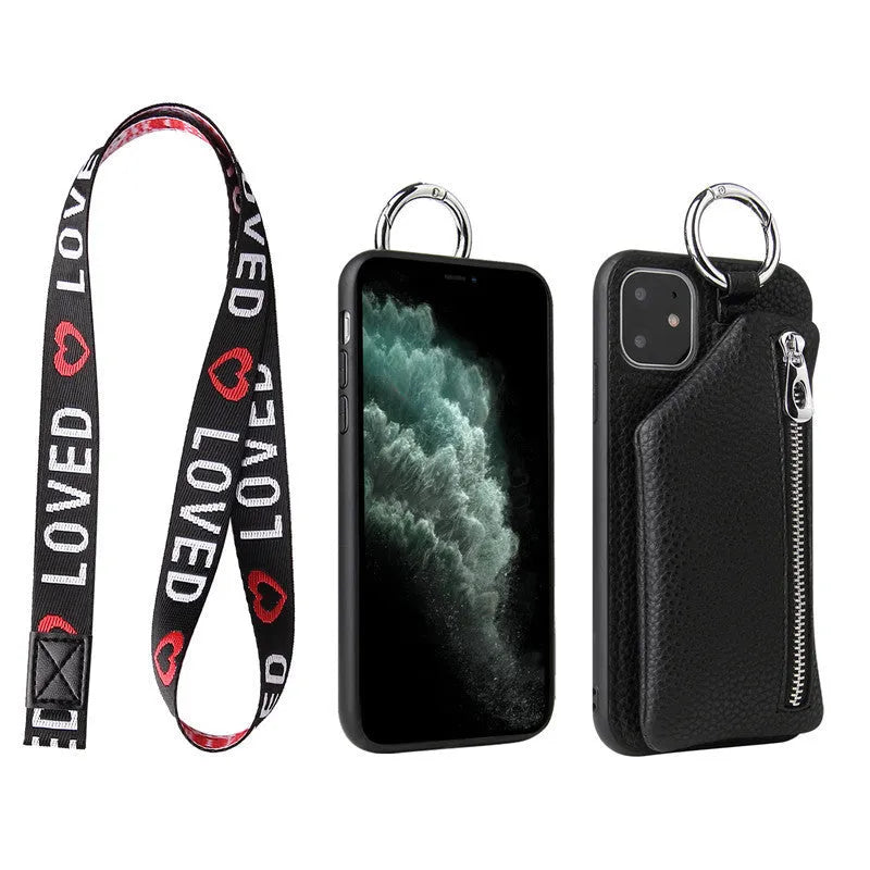 PU leather phone case with coin purse and lanyard in solid colour for iPhone Samsung Huawei