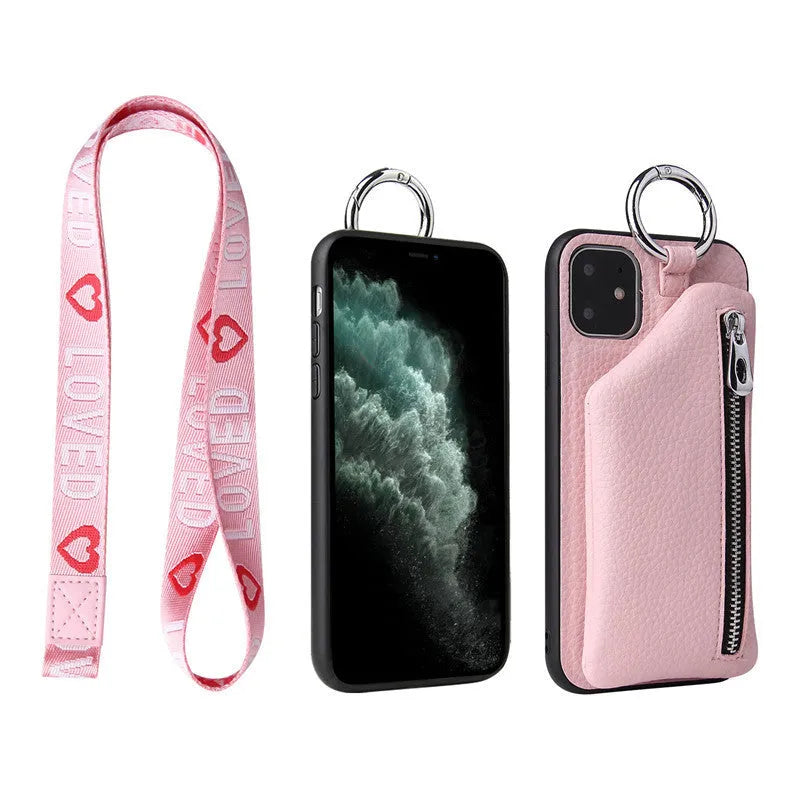 PU leather phone case with coin purse and lanyard in solid colour for iPhone Samsung Huawei