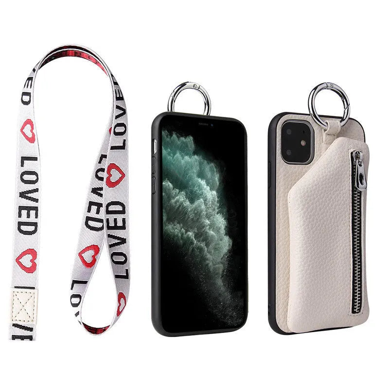 PU leather phone case with coin purse and lanyard in solid colour for iPhone Samsung Huawei