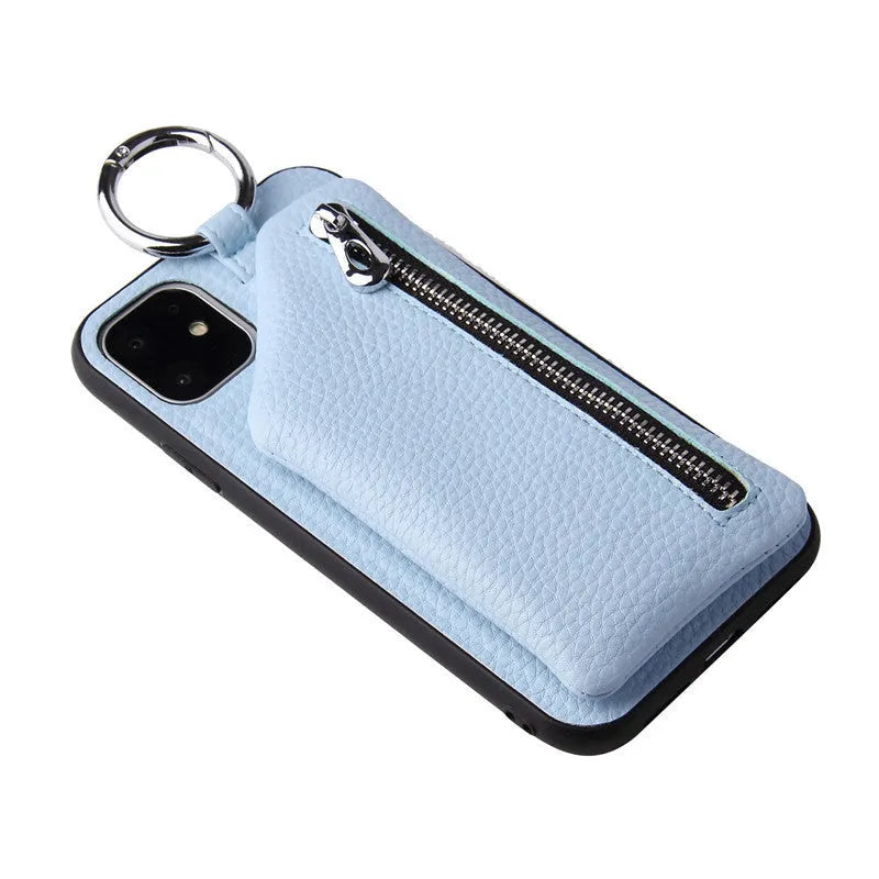 PU leather phone case with coin purse and lanyard in solid colour for iPhone Samsung Huawei