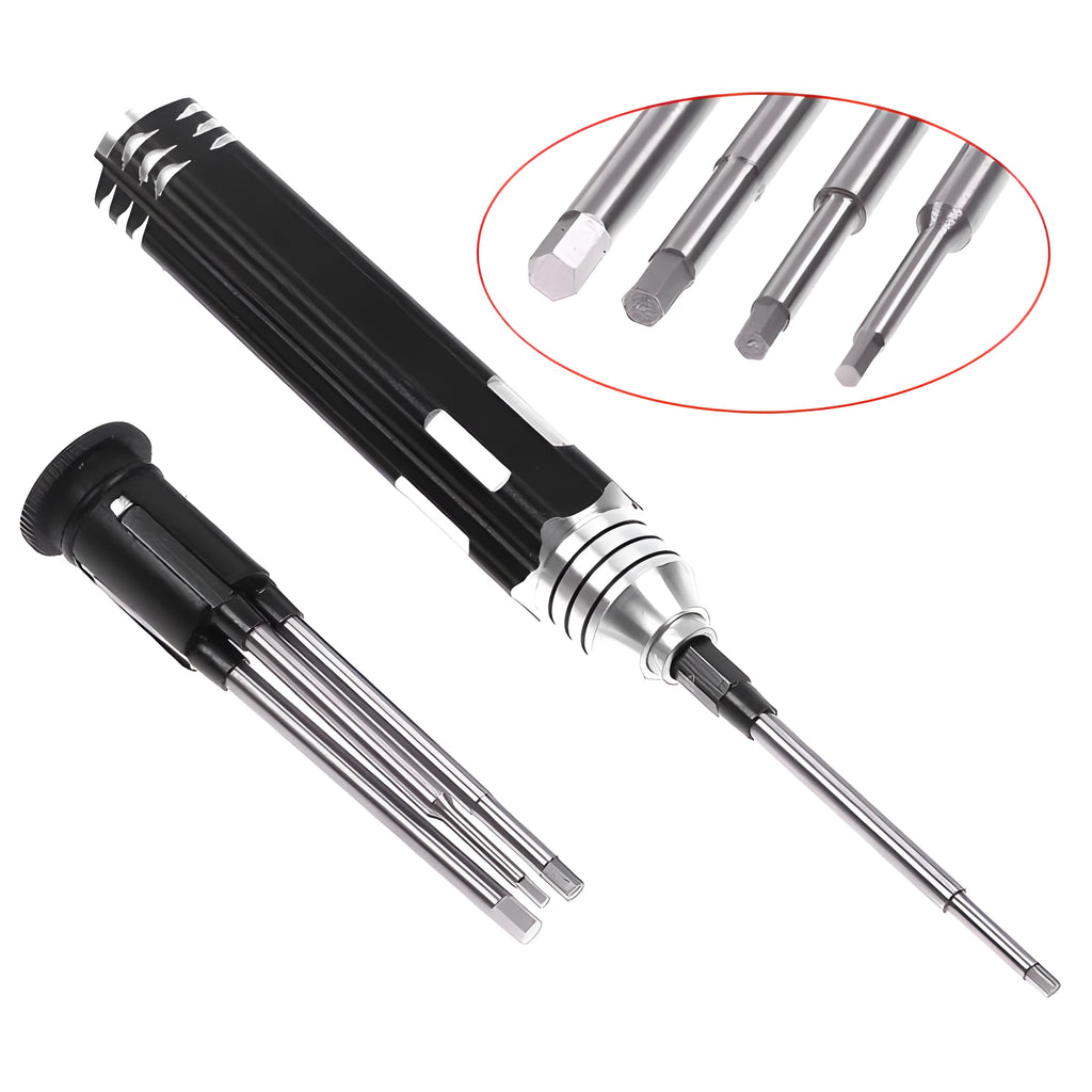 Black four-in-one hexagon socket screwdriver set with 1.5mm, 2.0mm, 2.5mm, 3.0mm sizes for aeromodelling
