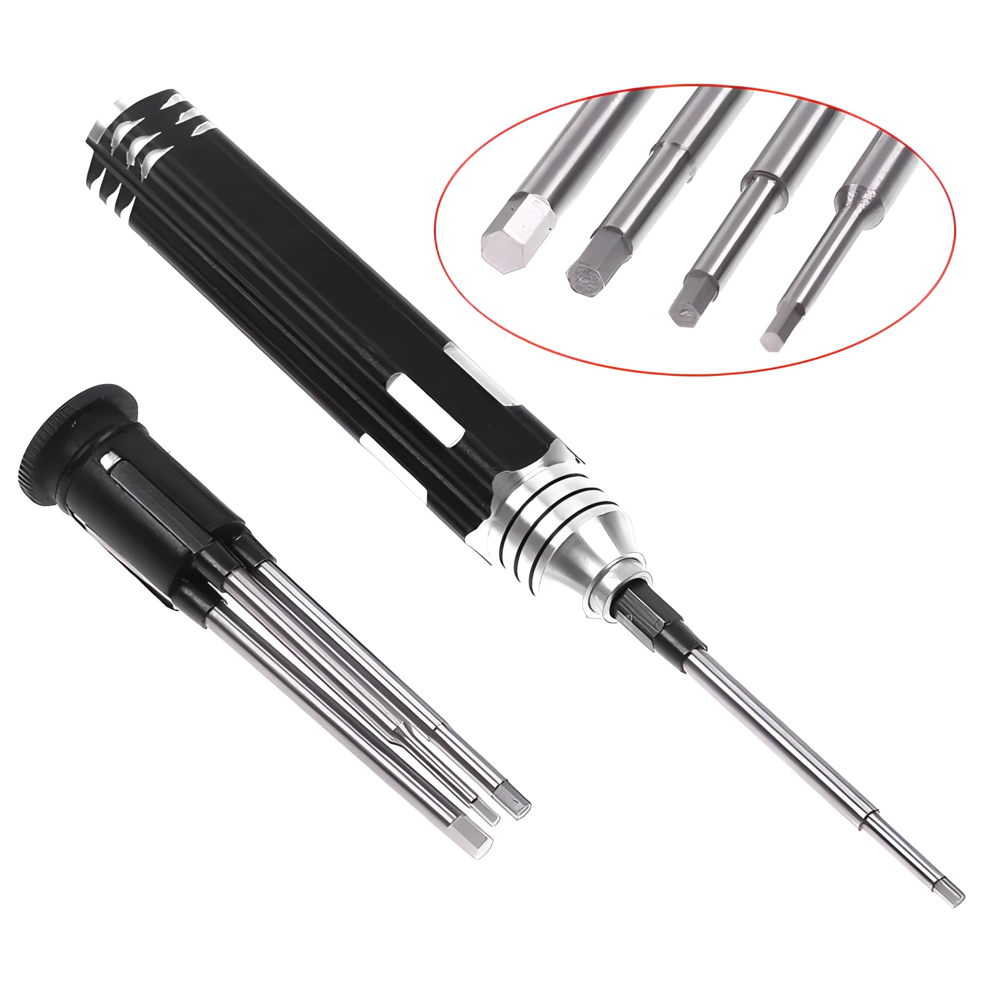 Black four-in-one hexagon socket screwdriver set with 1.5mm, 2.0mm, 2.5mm, 3.0mm sizes for aeromodelling