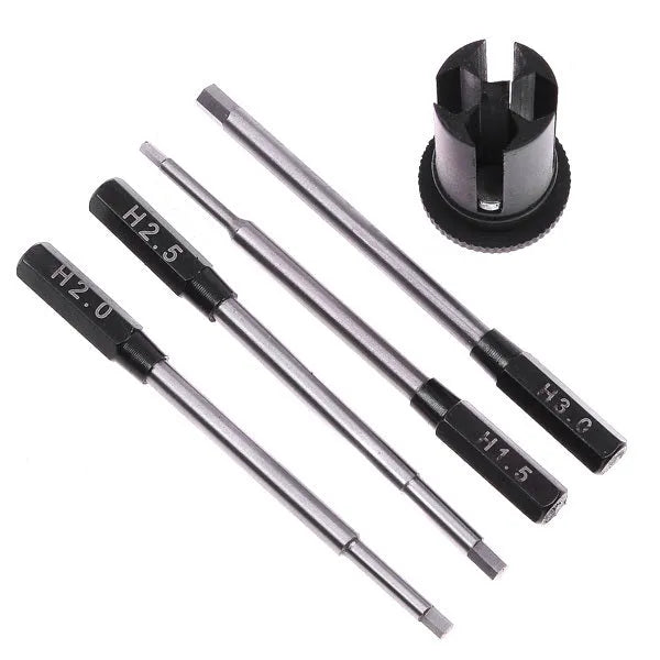 Black four-in-one hexagon socket screwdriver set with 1.5mm, 2.0mm, 2.5mm, 3.0mm sizes for aeromodelling