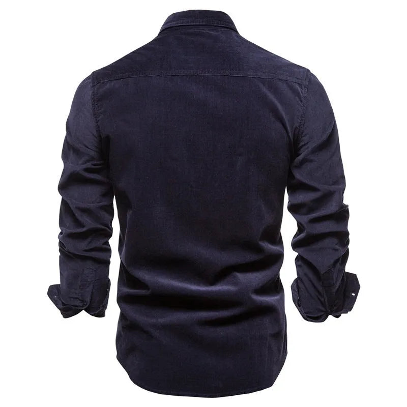 Men's long sleeve linen shirt in denim blue, shown on a hanger with size tags visible.