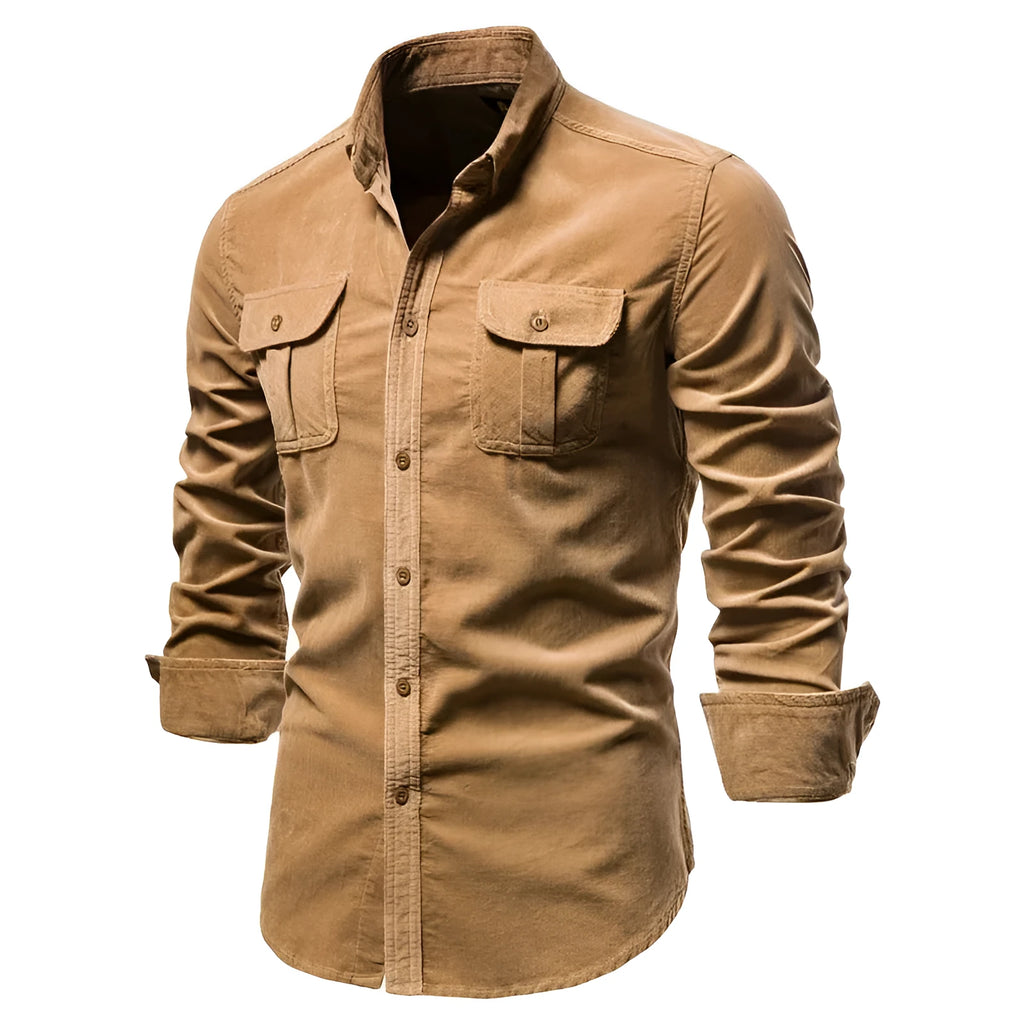 Men's long sleeve linen shirt in denim blue, shown on a hanger with size tags visible.