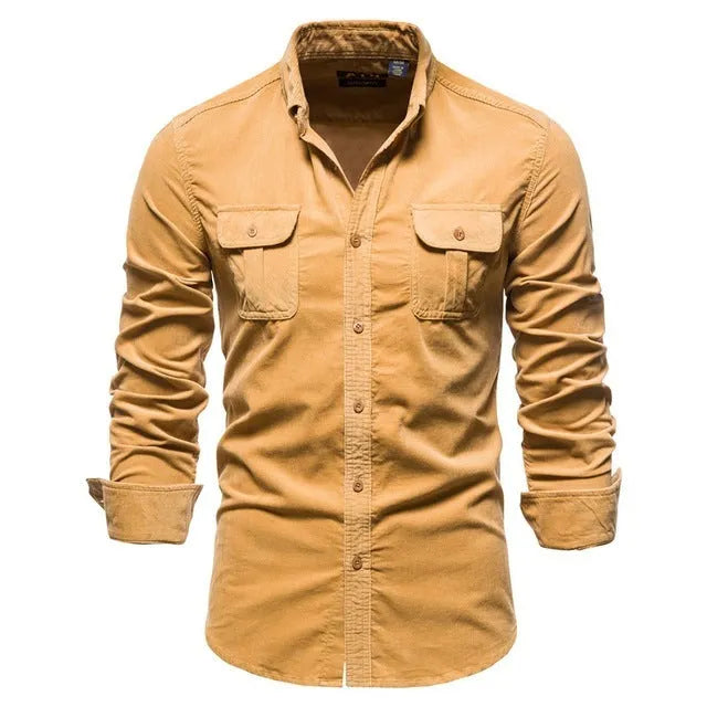 Men's long sleeve linen shirt in denim blue, shown on a hanger with size tags visible.