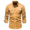 Men's long sleeve linen shirt in denim blue, shown on a hanger with size tags visible.