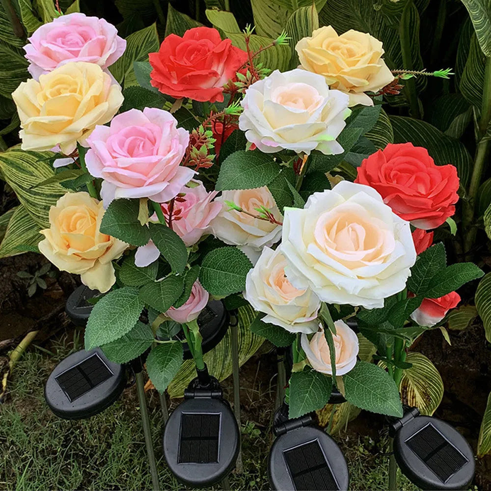 Outdoor solar rose garden lamp with three white LED light heads on stainless steel stem