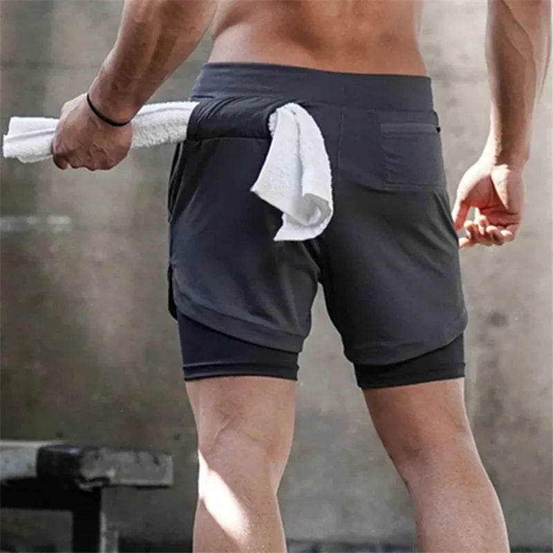 Men's 2-in-1 running shorts with quick-dry fabric, double-deck design, and multiple pockets in black