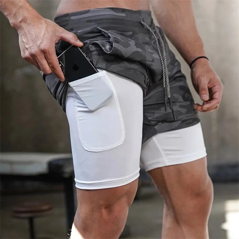 Men's 2-in-1 running shorts with quick-dry fabric, double-deck design, and multiple pockets in black