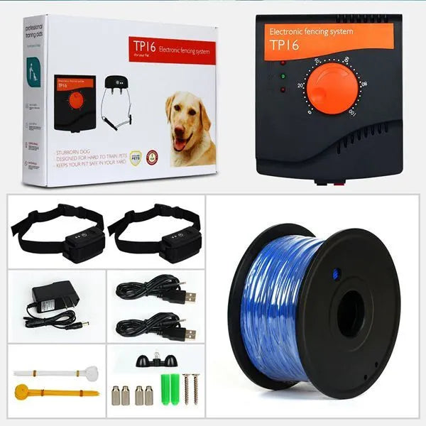 Pet electronic fence with waterproof receiver, adjustable one square kilometre boundary, and 300m coil.
