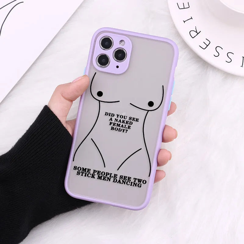 Creative body line TPU protective case for iPhone on a table, showing fine hole design and patterned back.