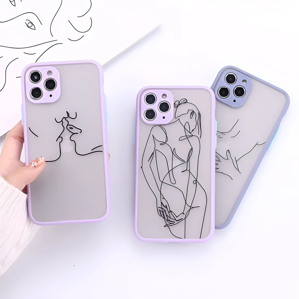 Creative body line TPU protective case for iPhone on a table, showing fine hole design and patterned back.