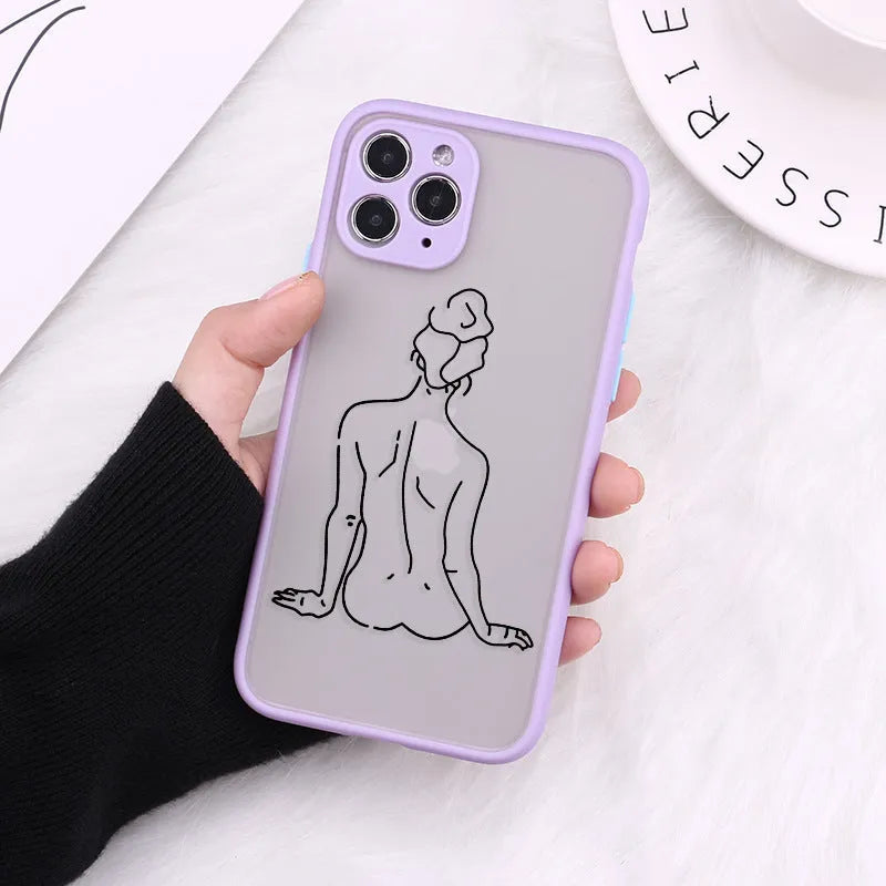 Creative body line TPU protective case for iPhone on a table, showing fine hole design and patterned back.