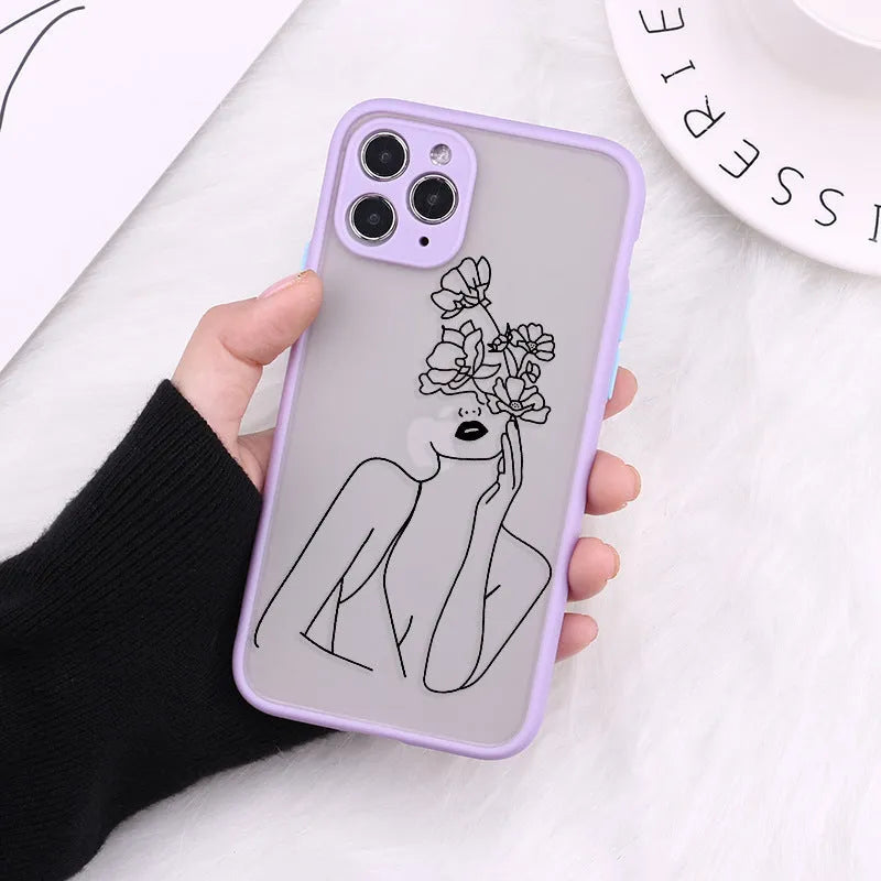 Creative body line TPU protective case for iPhone on a table, showing fine hole design and patterned back.