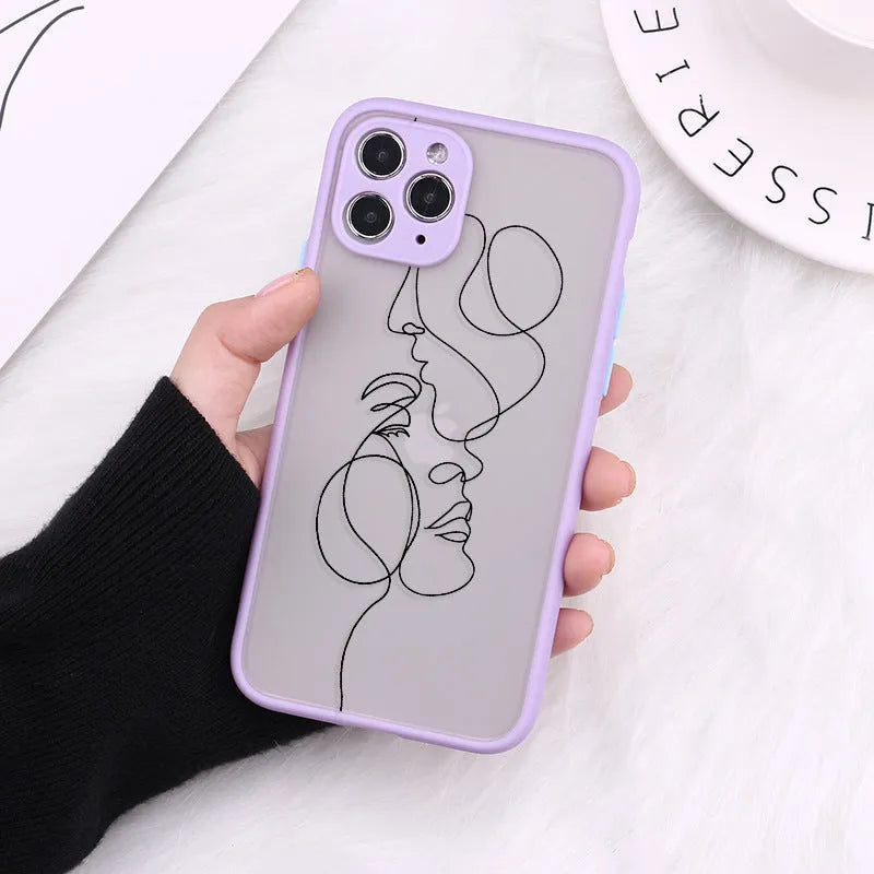 Creative body line TPU protective case for iPhone on a table, showing fine hole design and patterned back.