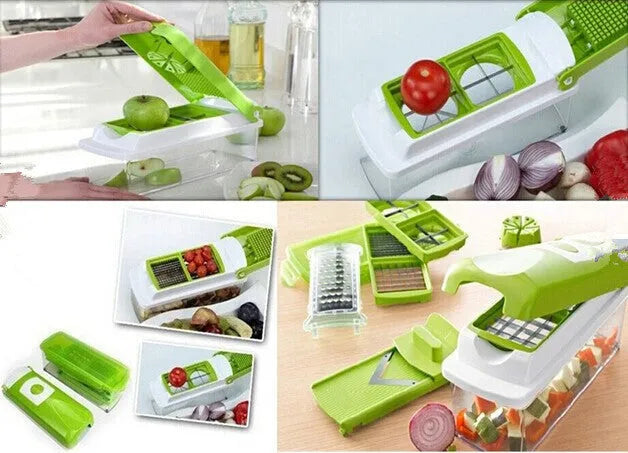 Green 12-piece manual vegetable chopper and food dicer set with stainless steel blades on a kitchen counter.