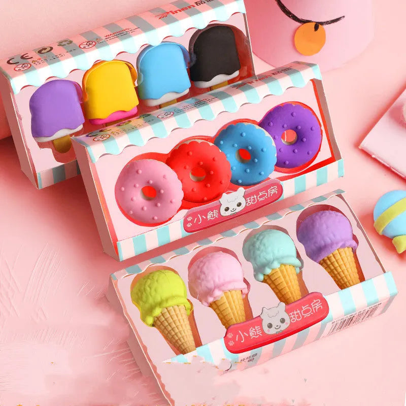 Children's cartoon eraser gift set with ice cream, doughnut, and lollipop designs for kindergarten students