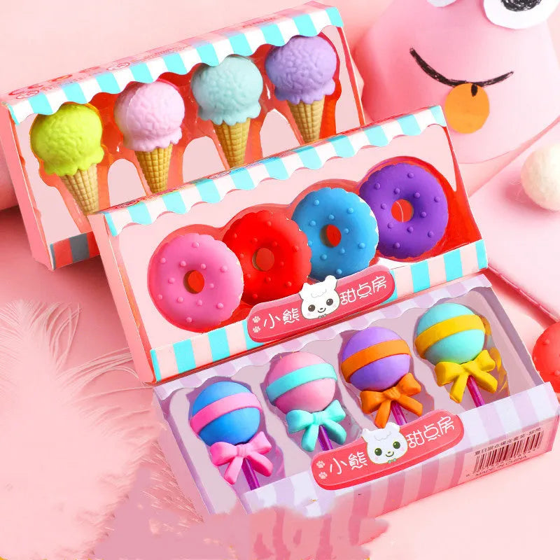Children's cartoon eraser gift set with ice cream, doughnut, and lollipop designs for kindergarten students